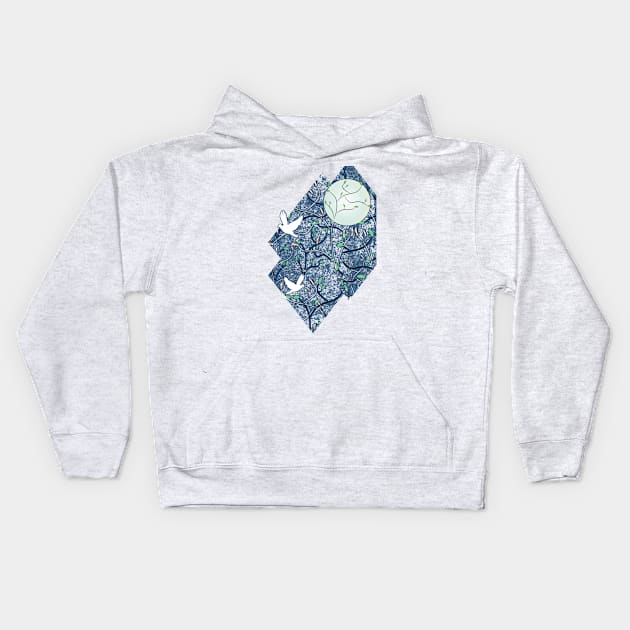 Art Nouveau Moon with Doves (Blue and Silver) Kids Hoodie by RoxanneG